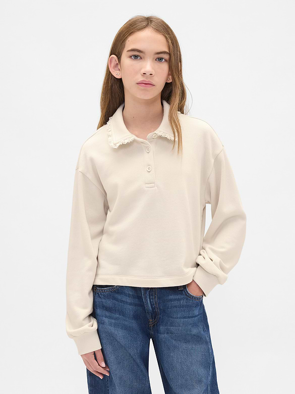 Chandail en coton ouaté à col polo avec bordure en dentelle pour Enfant