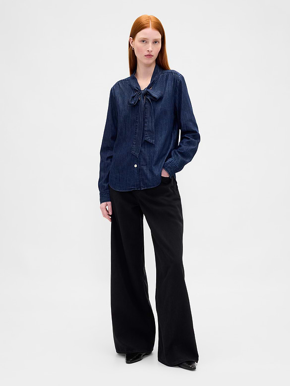 Denim Tie-Neck Shirt
