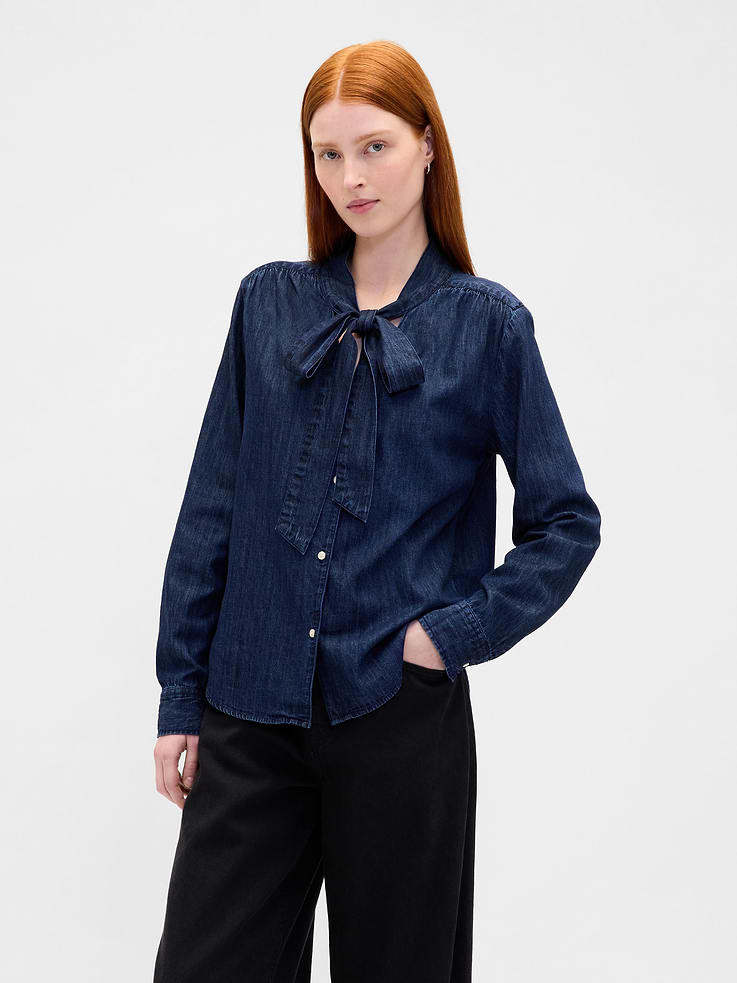Image number 1 showing, Denim Tie-Neck Shirt