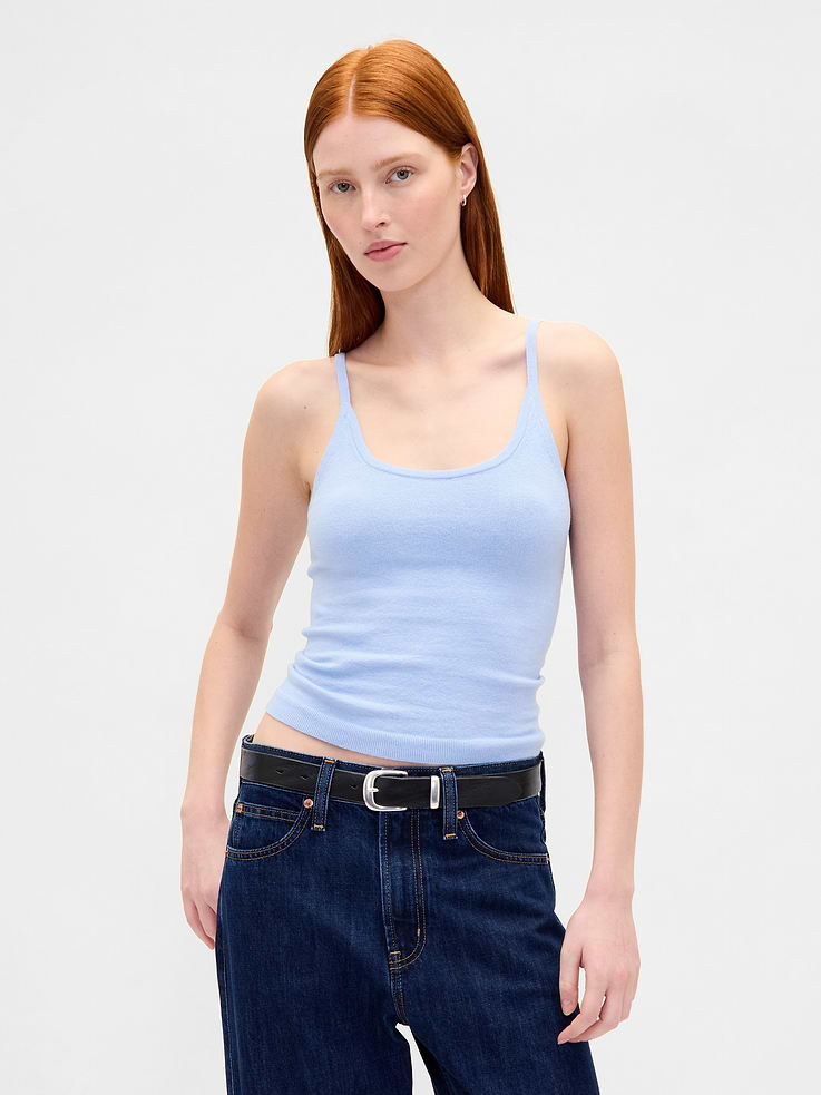 Image 1 of 5, Our bestselling fabric that feels cashmere soft — now made with extra hold. Knit to be stretchy and bounce back, then brushed for extra plushness. This is the next generation of CashSoft., Supersoft knit cropped tank top., Scoop neck and back., Spaghetti straps., Made with 25% recycled polyester. Compared to virgin materials, using recycled materials helps reduce resource use and waste., This product was made in a factory that invests in gender equity and women’s empowerment through RISE. Learn more at gapinc.com/equity., Product #800541