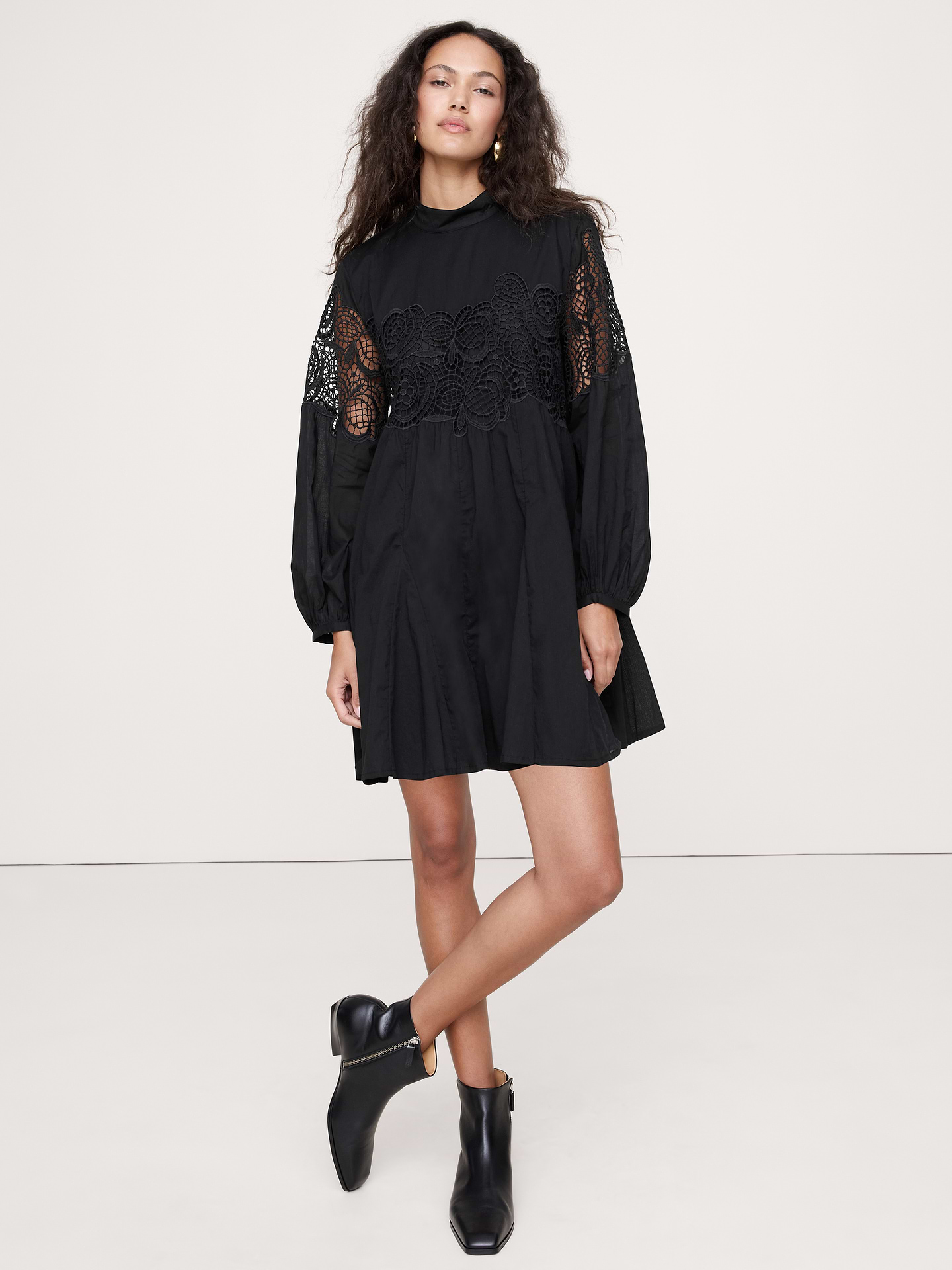 Image number 1 showing, Cotton & Lace Mock-Neck Dress with Removable Belt Bag