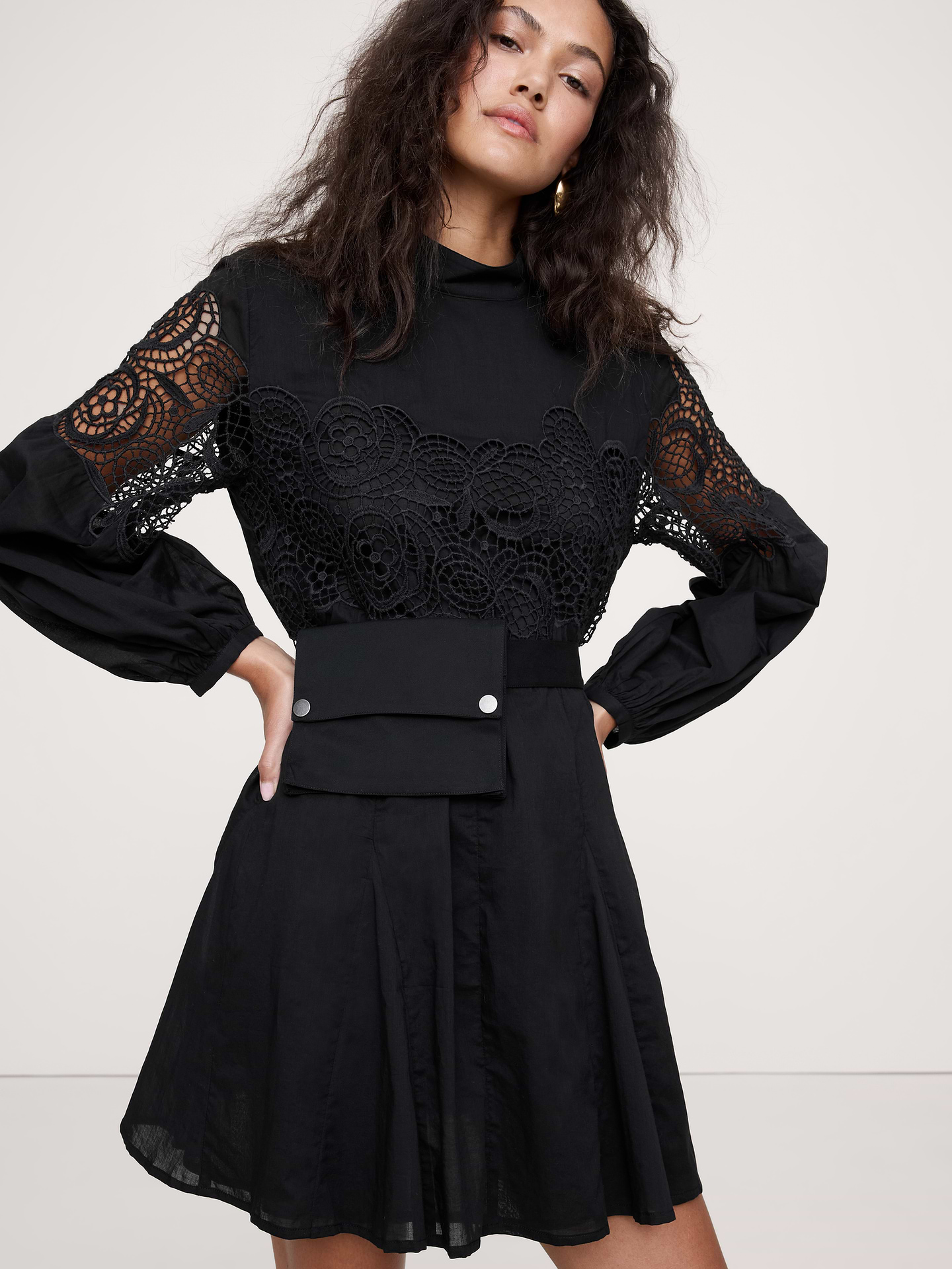 Image number 4 showing, Cotton & Lace Mock-Neck Dress with Removable Belt Bag