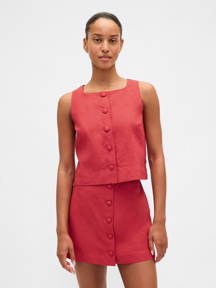 Image number 1 showing, Linen-Blend Button-Front Shell Top
