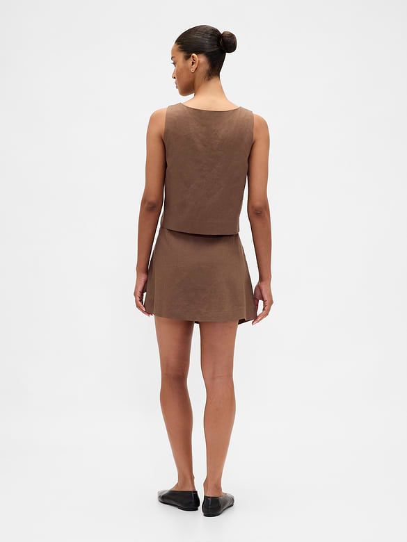 Linen-Blend Button-Front Mini Skort