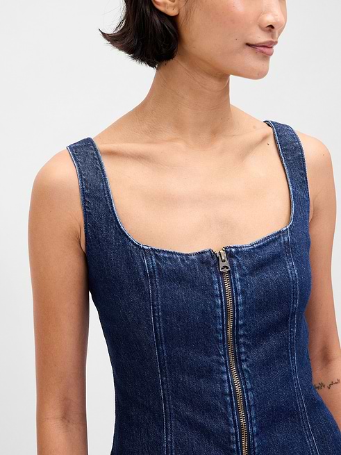 women's denim pinafore dress Gina Flared Color:Metallic Blue with measurements taken from burgundy satin gown Genevieve Pinafore Dress -