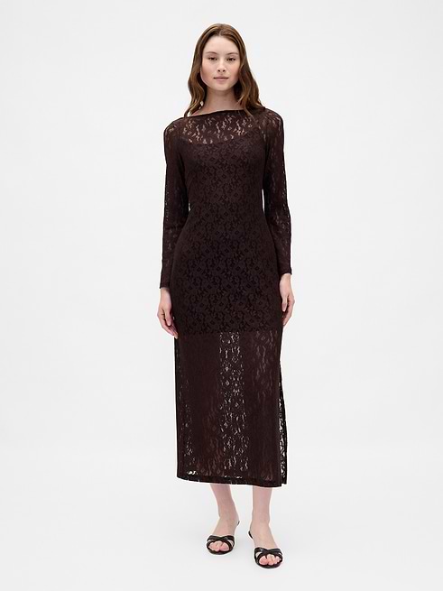 long black dress with bell sleeves Sheer Bell-Sleeved Fabric has some stretch Lace Bell-Sleeve Maxi Dress |