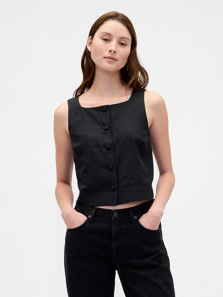 Image number 1 showing, Linen-Blend Button-Front Shell Top