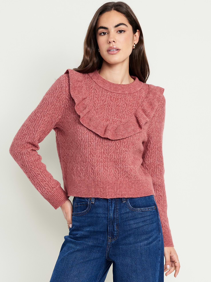 Image number 1 showing, Wool-Blend Cropped Ruffle Sweater