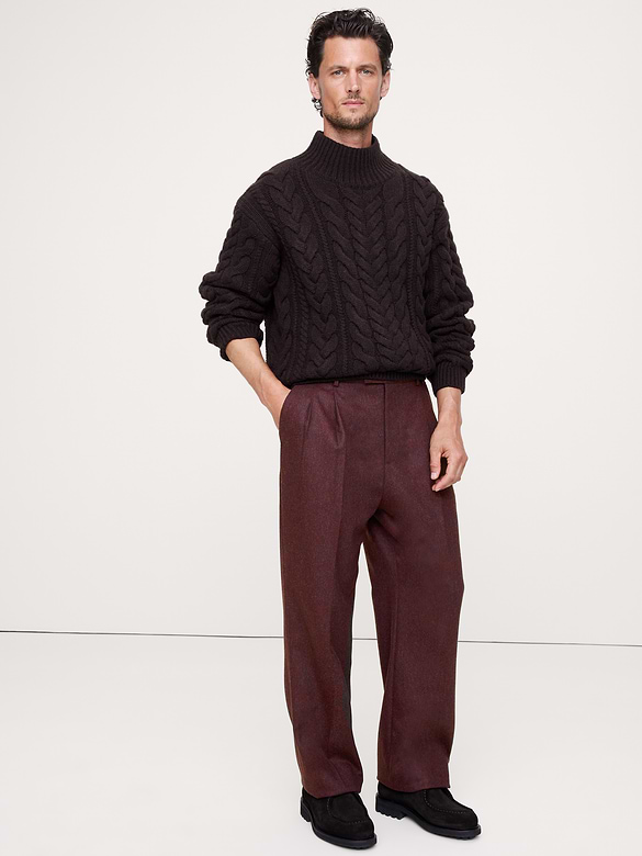 Pantalon habillé droit à plis en flanelle