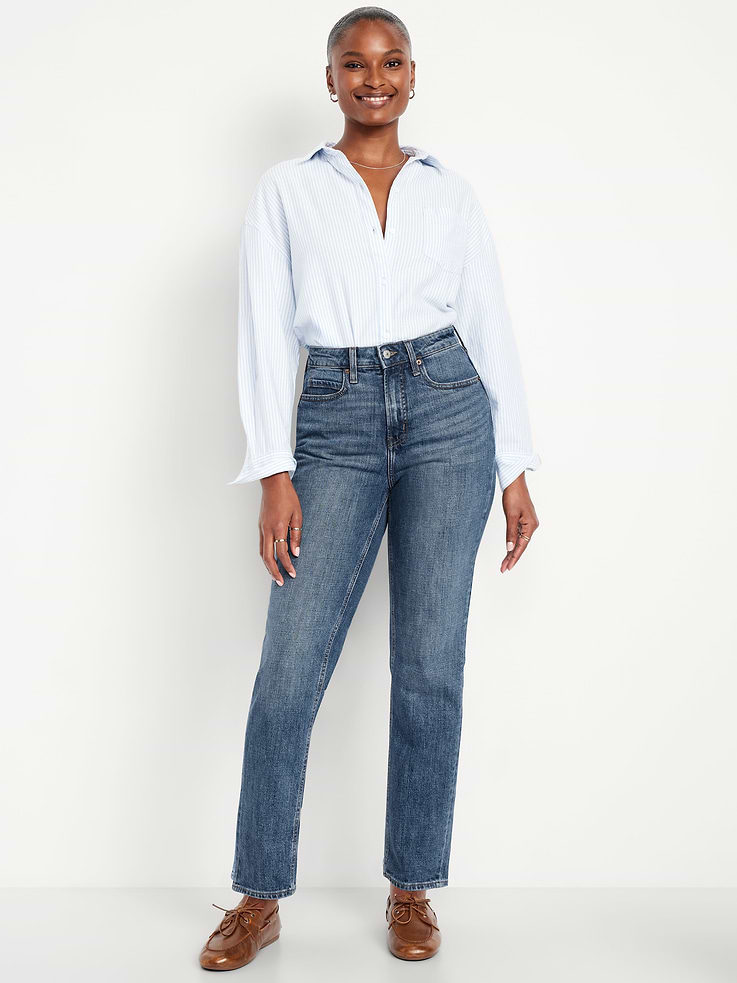 L'image numéro 1 présente Jean coupe droite profilée à taille très haute