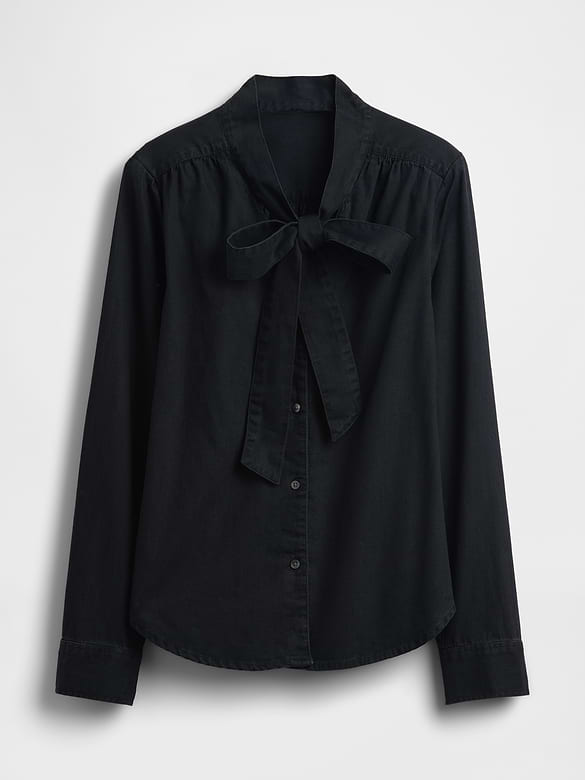 Denim Tie-Neck Shirt
