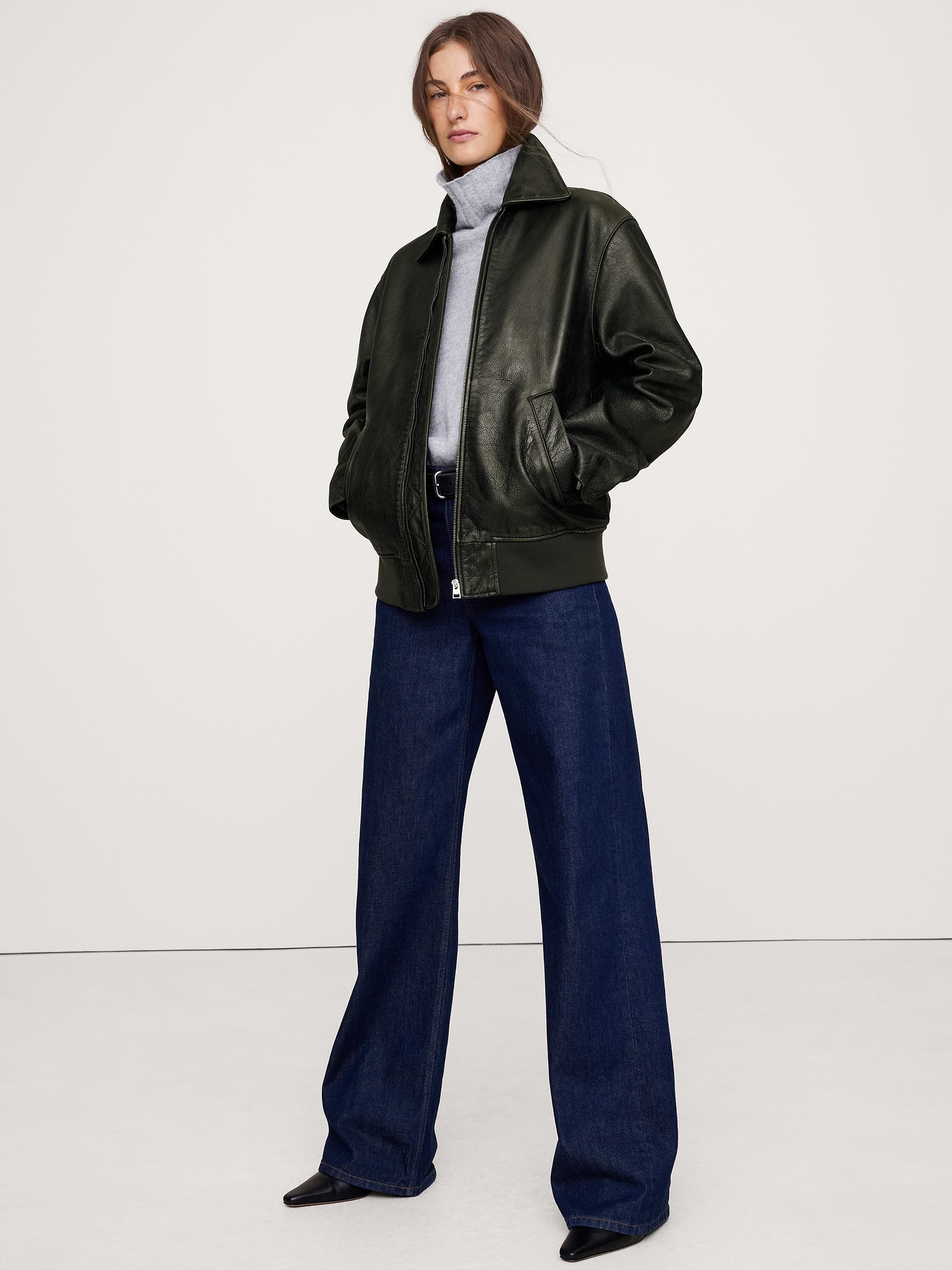 Image number 1 showing, Oversized Distressed Leather Bomber Jacket