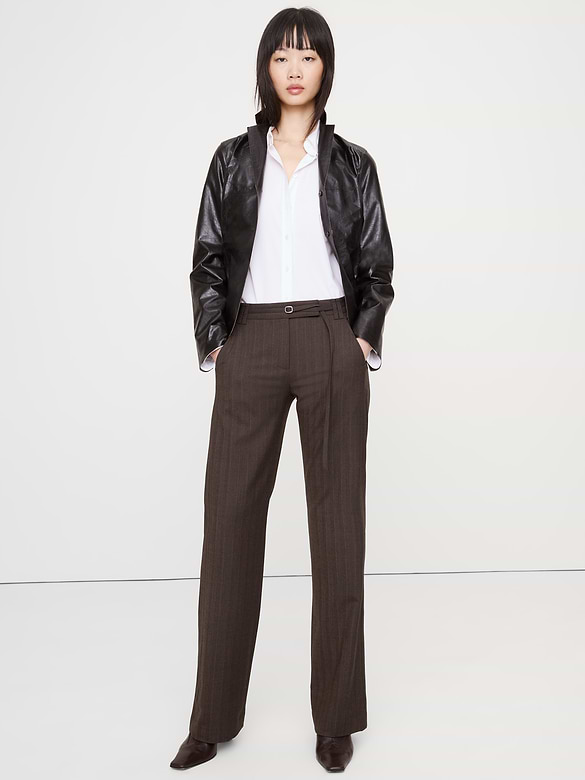 Pantalon droit en flanelle de laine mélangée à taille mi-basse