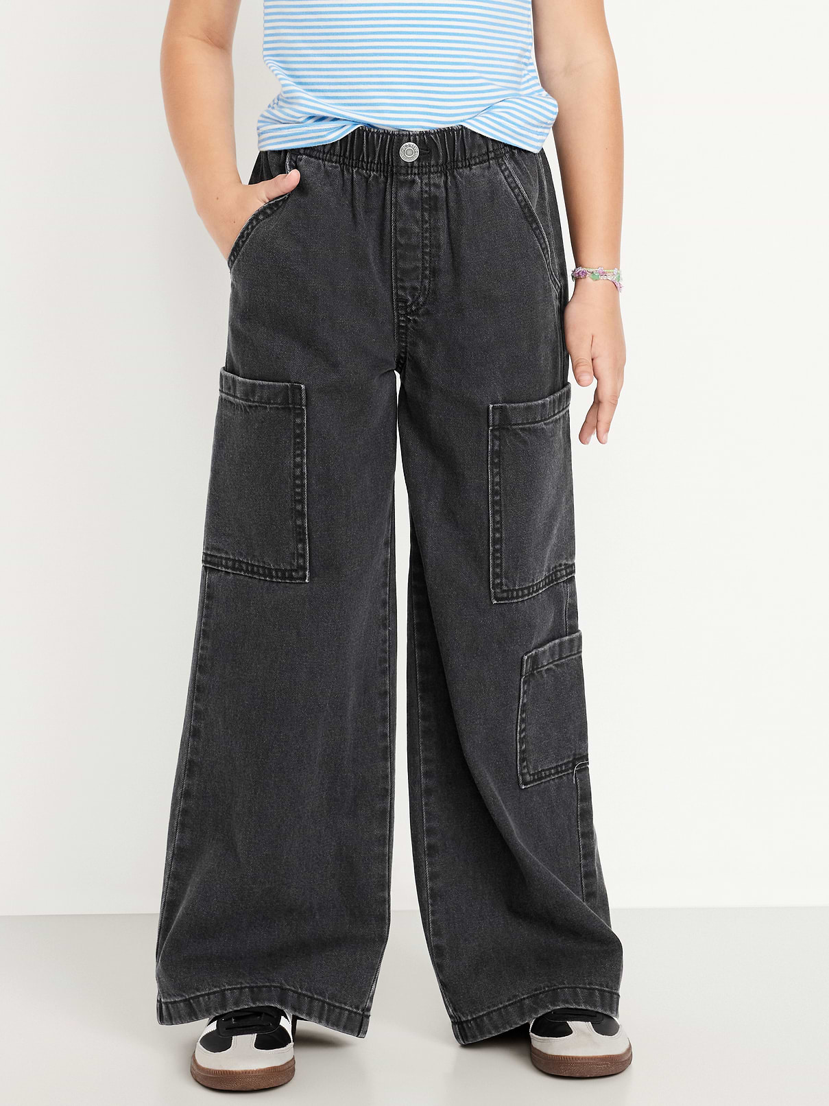 Image number 1 showing, High-Waisted Pull-On Super Wide-Leg Cargo Jeans for Girls