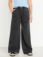 Image number 1 showing, High-Waisted Pull-On Super Wide-Leg Cargo Jeans for Girls