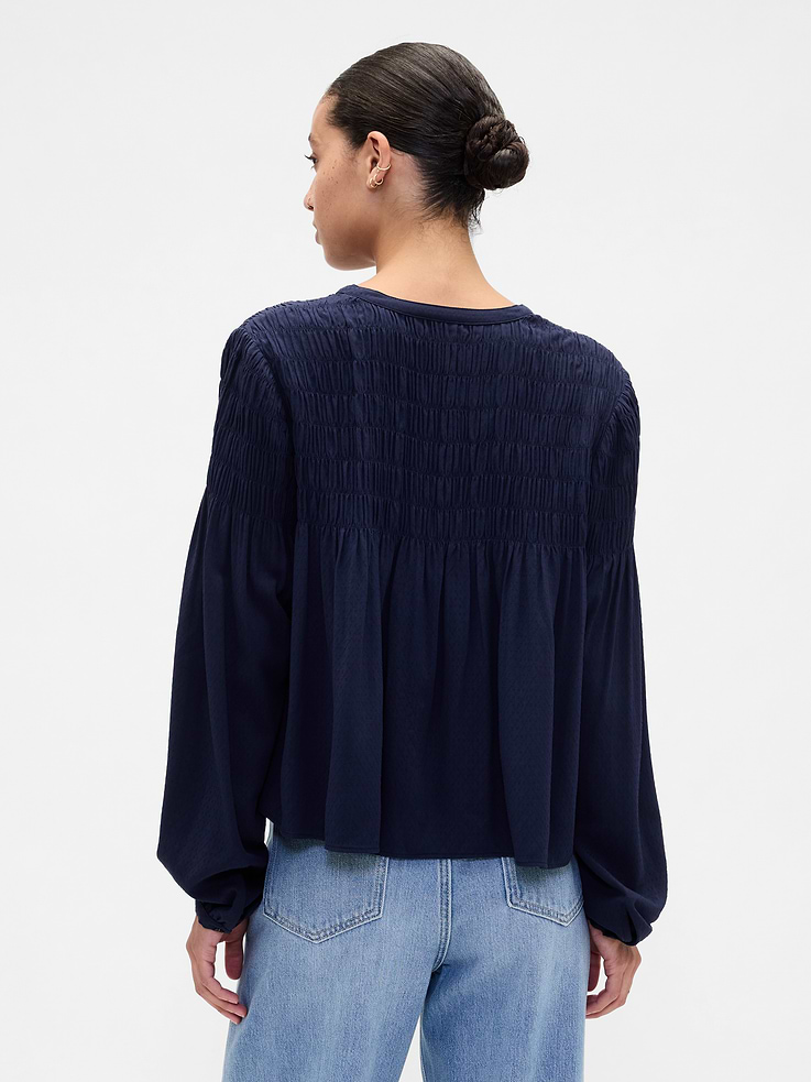 Image 2 of 5, Relaxed Smocked Balloon-Sleeve Top