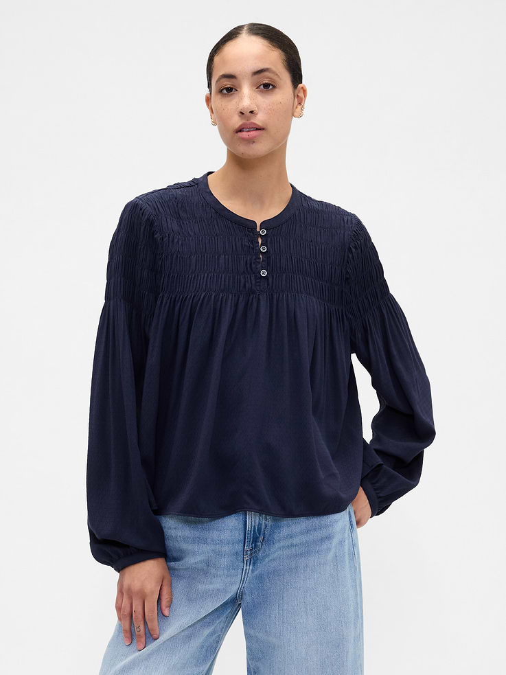 Image 1 of 5, Smooth rayon weave., Dropped shoulder, long balloon sleeves with elasticized cuffs., Buttons at round neckline., Smocking and shirring at yoke., Product #822325