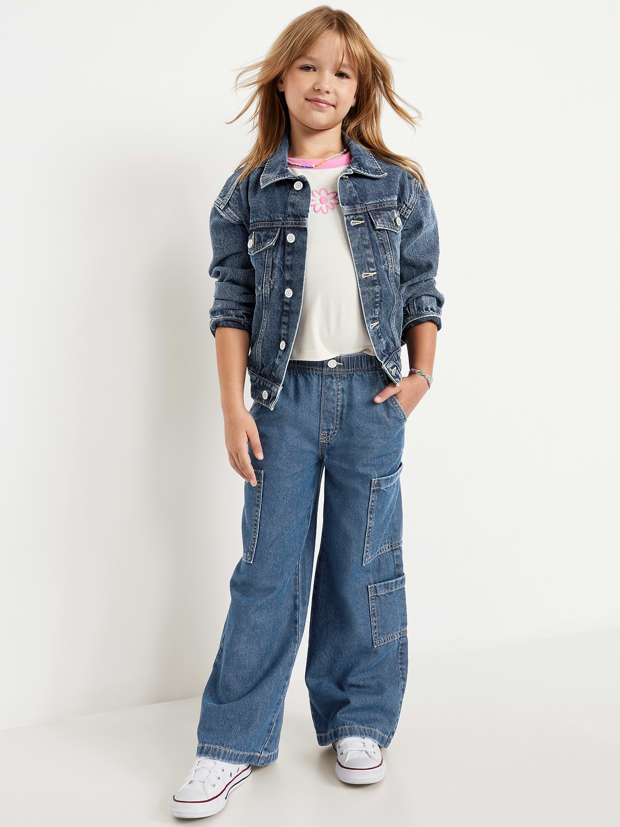 Image number 3 showing, High-Waisted Pull-On Super Wide-Leg Cargo Jeans for Girls