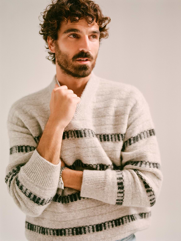 Jacquard Stripe V-Neck Sweater