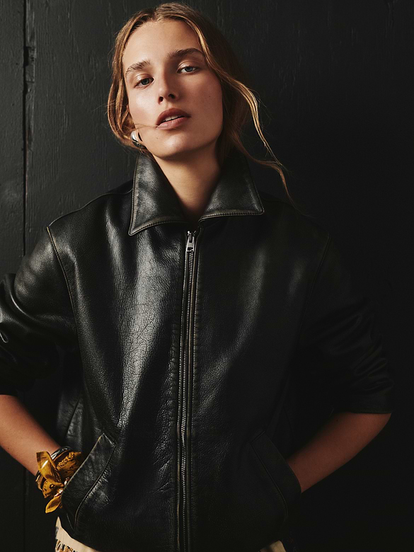 Oversized Distressed Leather Bomber Jacket