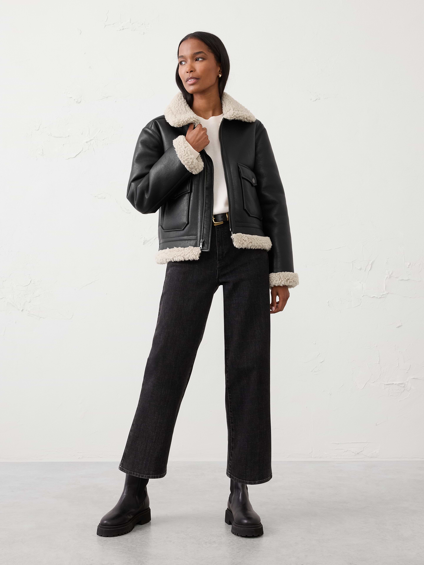 Image number 1 showing, Faux Shearling Vegan Leather Bomber Jacket