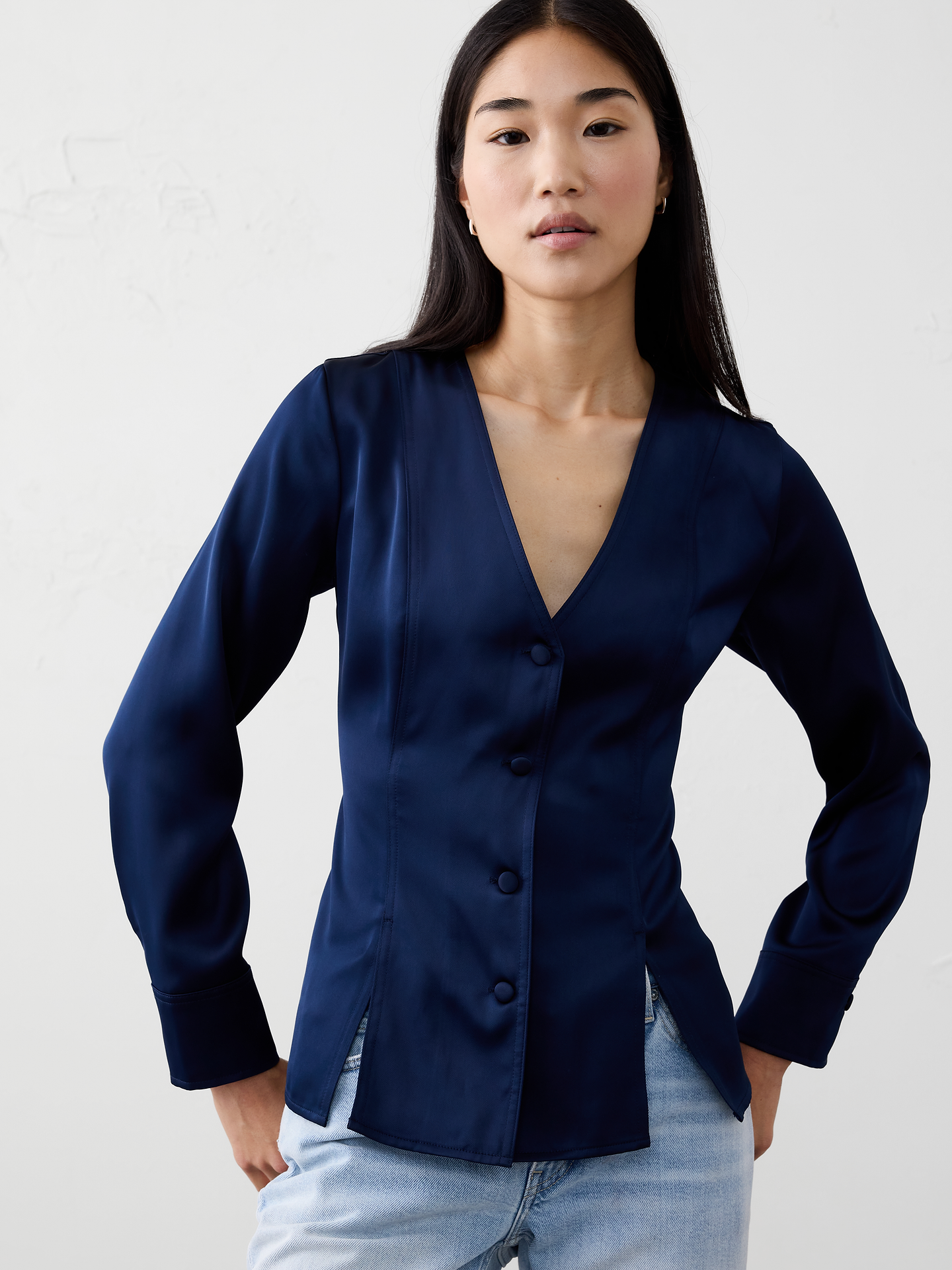 Image number 1 showing, Silky Seamed Slit Blouse