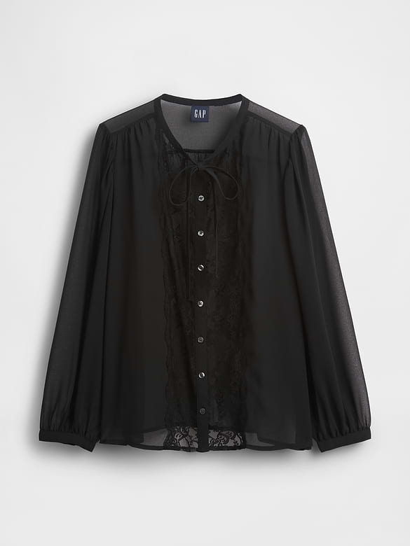 Sheer Recycled Lace Inset Tie-Neck Top