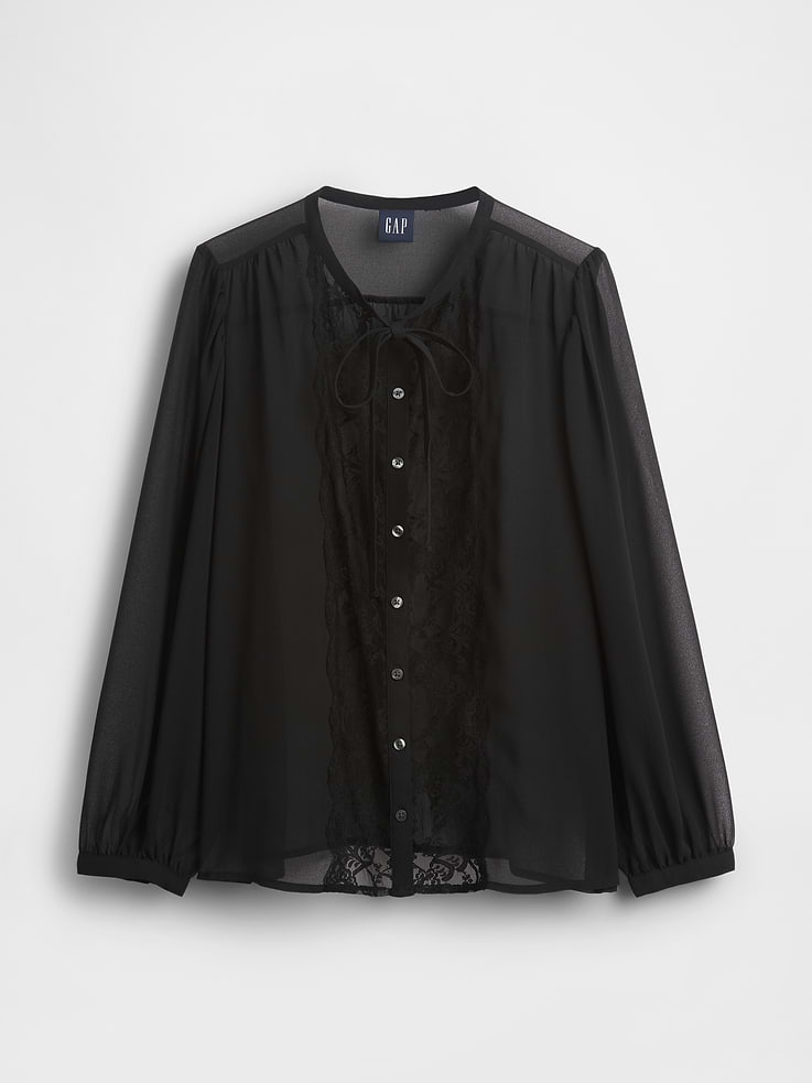 Image number 5 showing, Sheer Recycled Lace Inset Tie-Neck Top