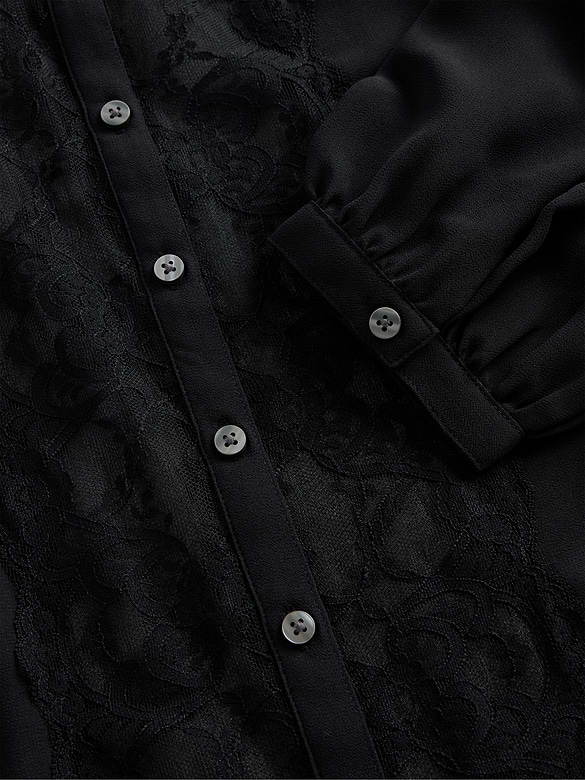 Sheer Recycled Lace Inset Tie-Neck Top