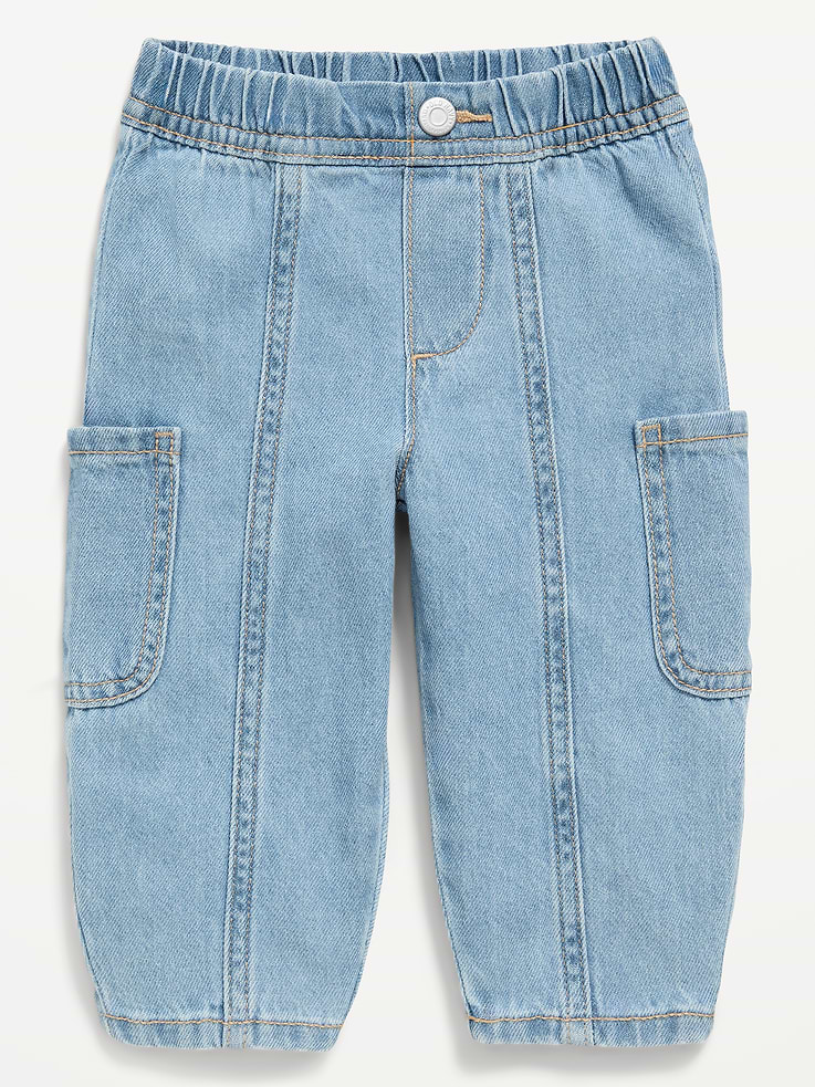 Image 1 of 2, elasticized waistband, decorative button closure, faux fly, cargo pockets at each leg, front seam, barrel leg, Product #806246