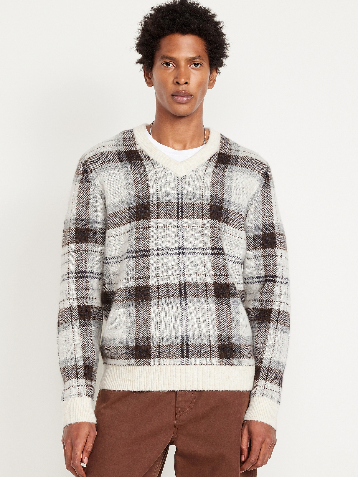 Wool-Blend V-Neck Plaid Sweater | Old Navy