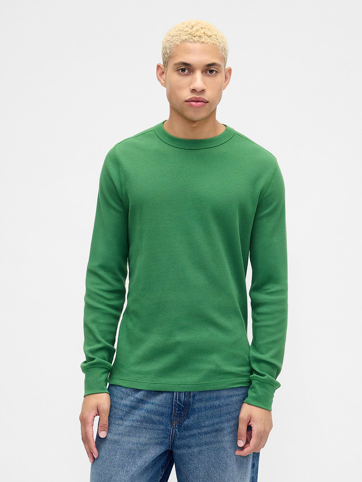 Image 1 of 3, Soft waffle knit., Long sleeves with banded cuffs., Crewneck., This product was made in a factory that invests in gender equity and women’s empowerment through RISE. Learn more at, Product #818589