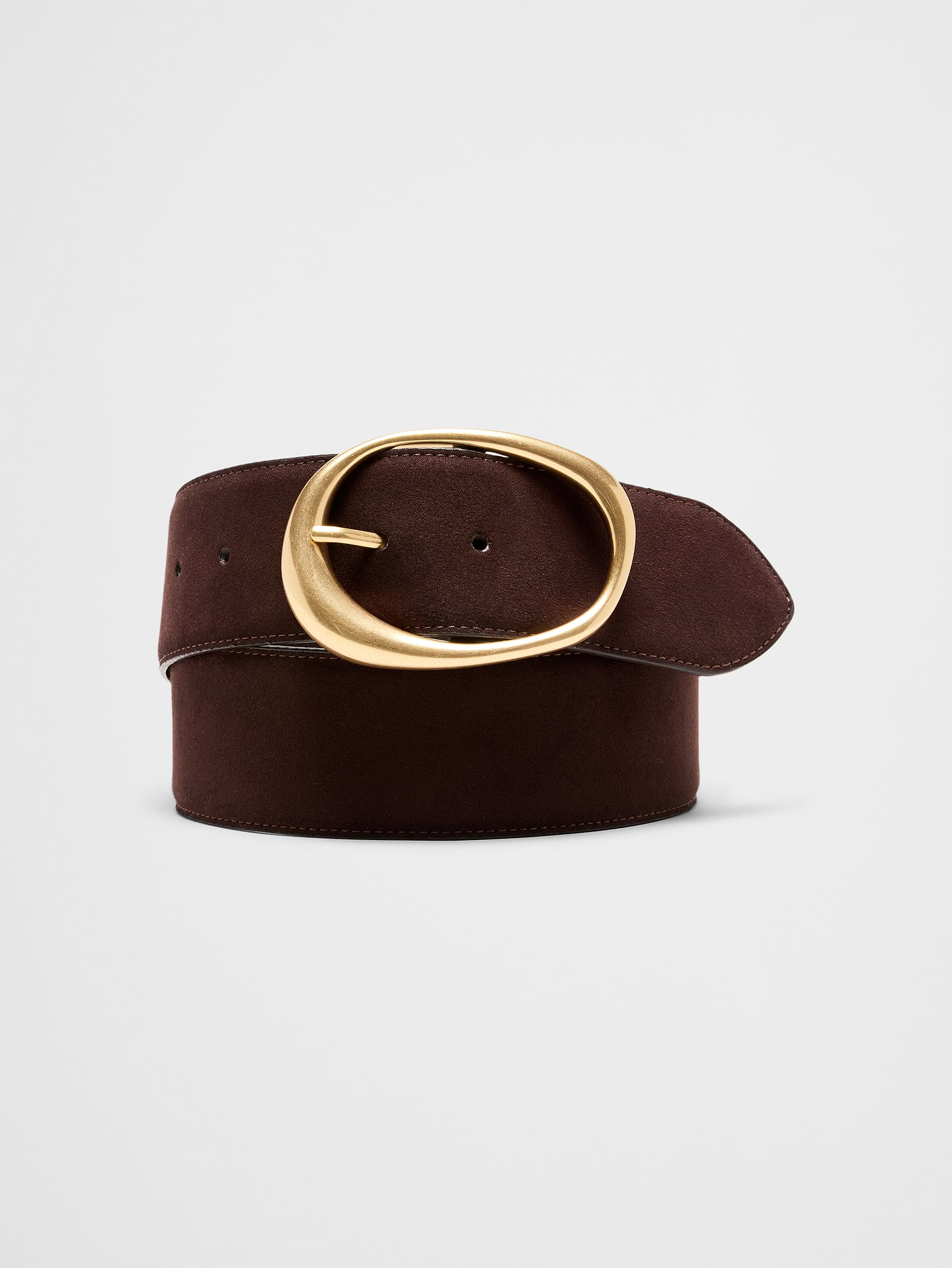 Image 1 of 1, Featuring a distinctive organic-shaped buckle, this wide belt adds a touch of modern artistry to any outfit., VEGAN SUEDE: Soft and smooth, this faux leather looks and feels luxurious., Genuine leather split lining﻿., Black: Vegan leather., Made exclusively for Banana Republic Factory., Product #789016
