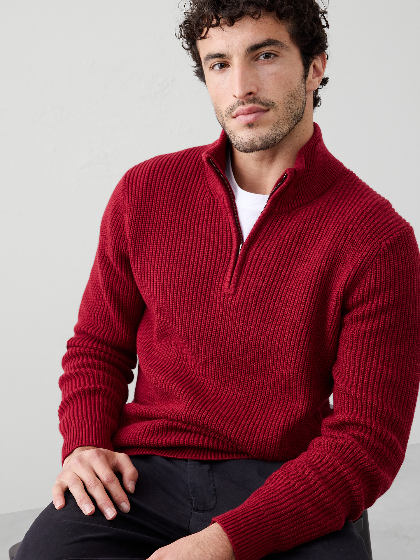 Image 1 of 1, Designed for warmth and versatility, this chunky ribbed quarter zip is a seasonal staple. With its cozy texture and easy layering potential, it’s the perfect piece for holiday gatherings and chilly days., Mock collar. Long sleeves., Quarter zipper closure., Ribbed collar, arm cuffs and hem., Straight hem., Made exclusively for Banana Republic Factory., Product #804733