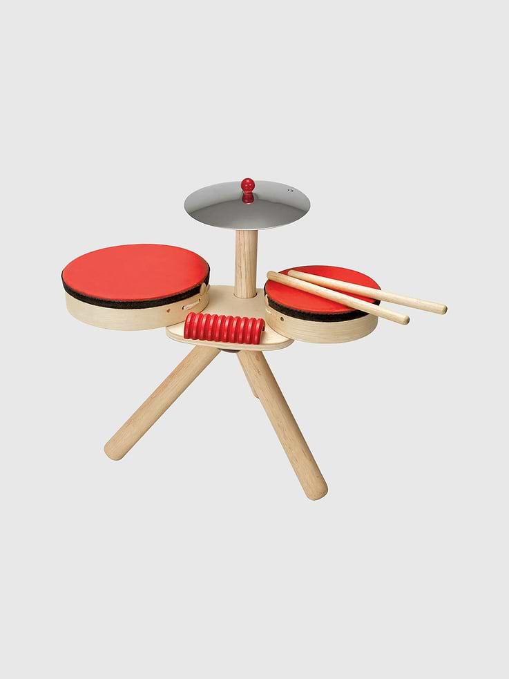Image 1 of 3, Is your little one ready to take center stage? This Musical Band set includes two differently-sized drums, a pair of drumsticks, a cymbal, and a guiro., The drumheads are made from fabric coated with natural rubber, making for a gentle yet realistic musical experience.