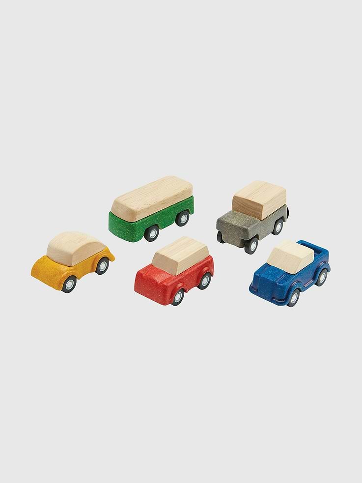 Image 1 of 3, Take a ride around the city with this set of five unique cars., Made with a combination of solid wood and a unique composite material, these brightly colored vehicles are ready for any adventure your child can imagine.