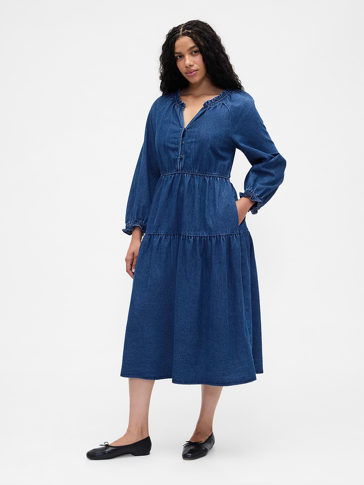 Image 4 of 6, Tiered Denim Western Midi Dress