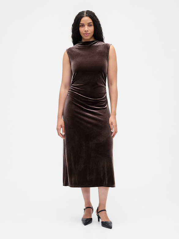Ruched Velvet Mockneck Midi Dress