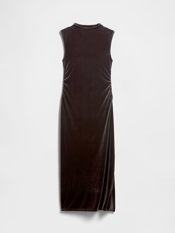 Ruched Velvet Mockneck Midi Dress