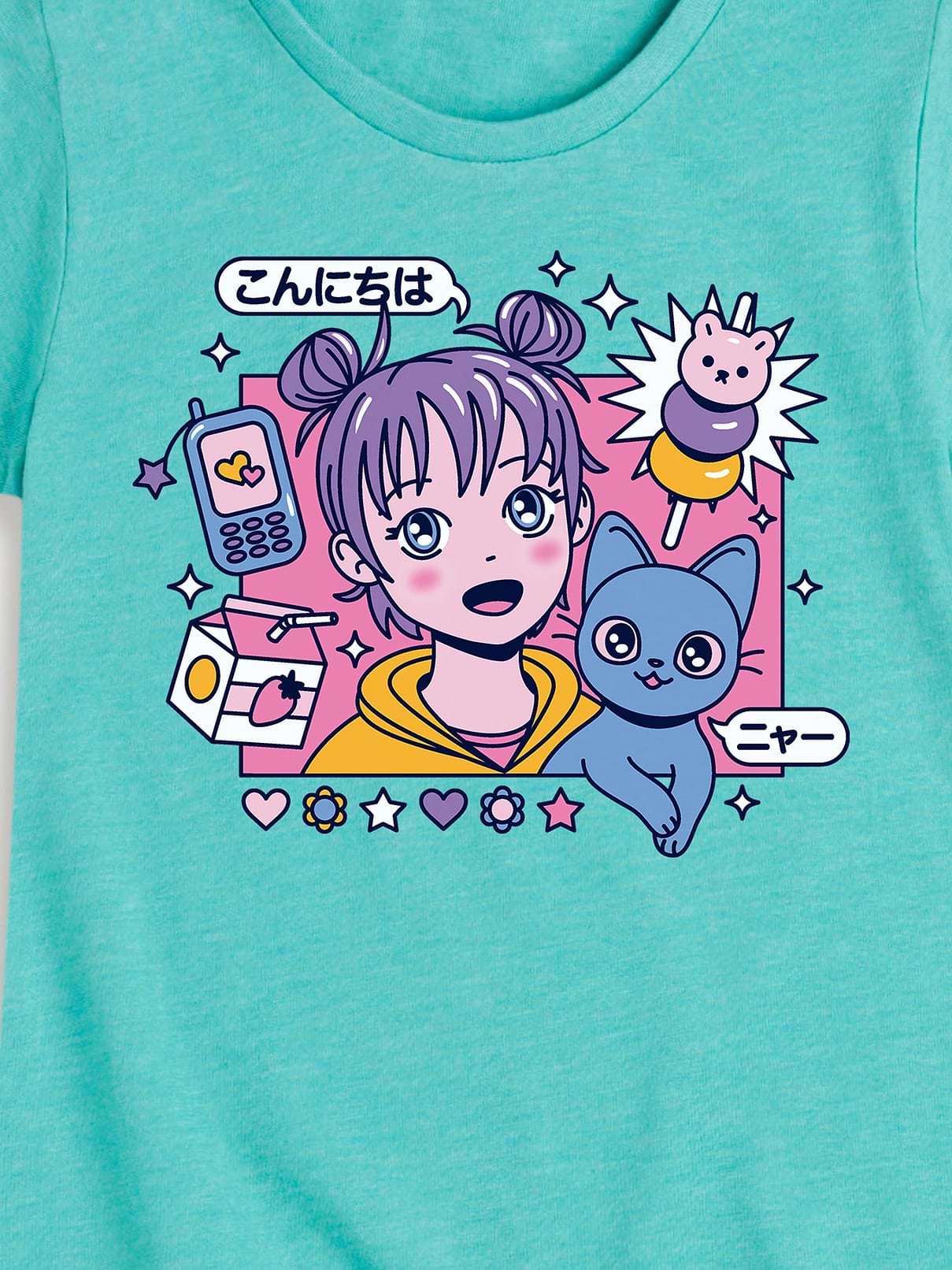Image number 2 showing, Anime Girl And Cat Fitted Short Sleeve T-Shirt For Girls