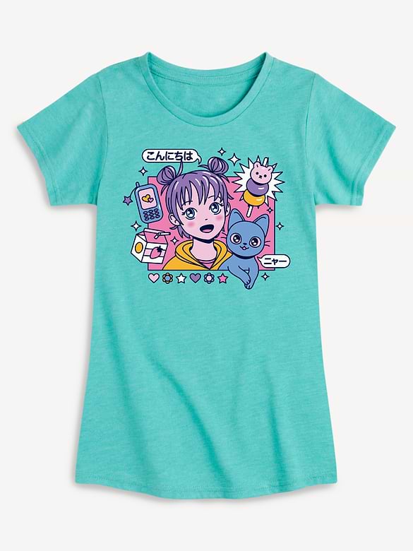 Anime Girl And Cat Fitted Short Sleeve T-Shirt For Girls