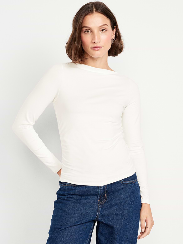 Long-Sleeve Slit-Neck Ruched Top