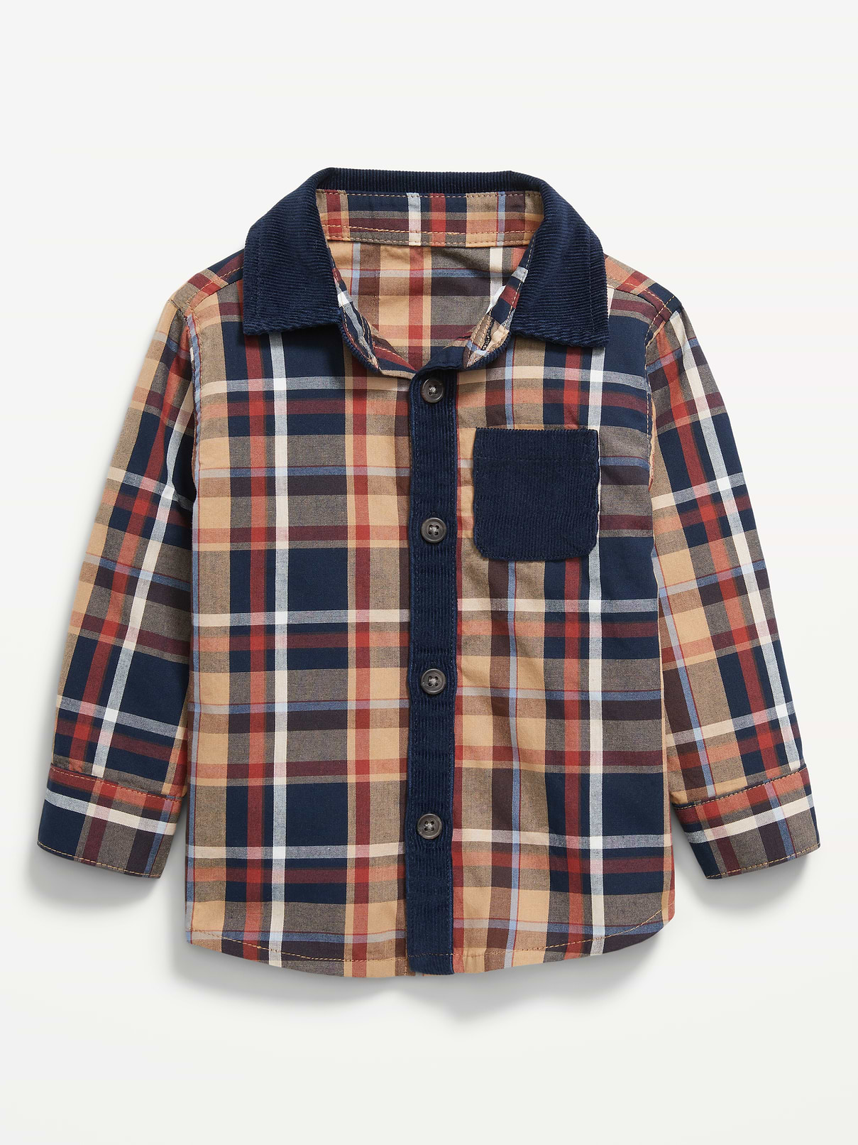 Image 1 of 2, spread collar, long sleeves, buttoned cuffs, patch pocket at chest, full length buttoned placket, all-over plaid, Product #801527