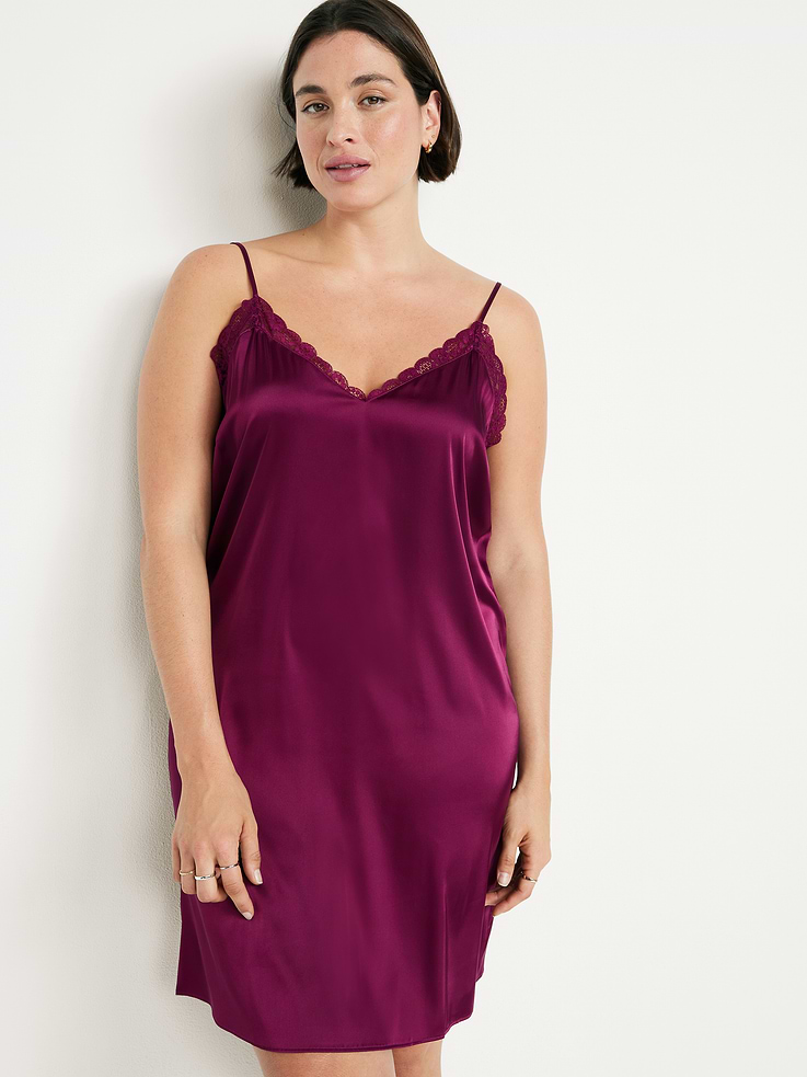 Image 3 of 8, Lace-Trim Satin Nightgown