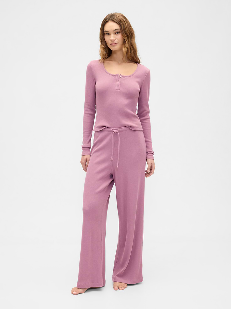 Image 3 of 4, Waffle-Knit Henley PJ Top