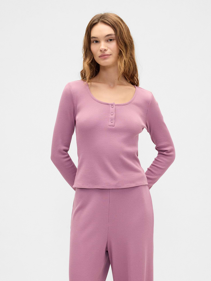 Image 1 of 4, Soft waffle sleep top., Long sleeves., Scoopneck, henley button front., Select styles have allover print., This product was made in a factory that invests in gender equity and women’s empowerment through RISE. Learn more at gapinc.com/equity., Product #854870