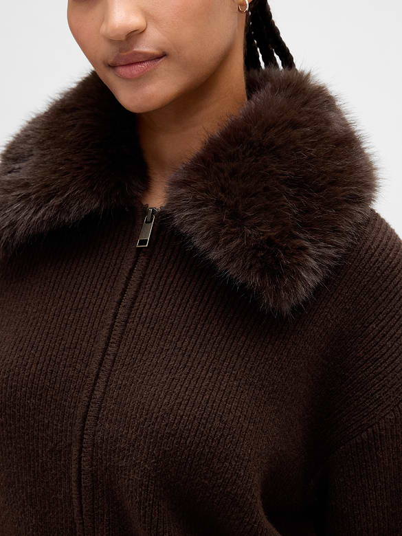 CashSoft Faux-Fur Collar Zip Cardigan Sweater