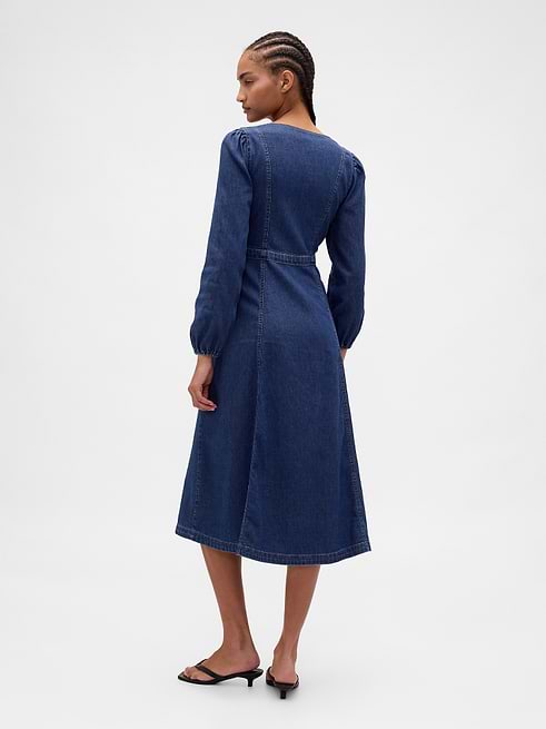 Women's Denim Sweetheart Midi Dress by Gap Dark Wash Petite Size XS