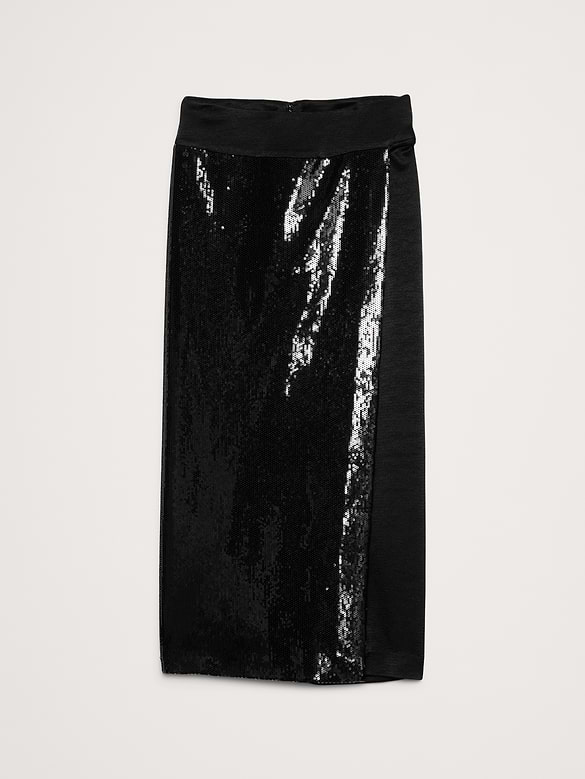 Jupe portefeuille en tricot point de Rome et paillettes