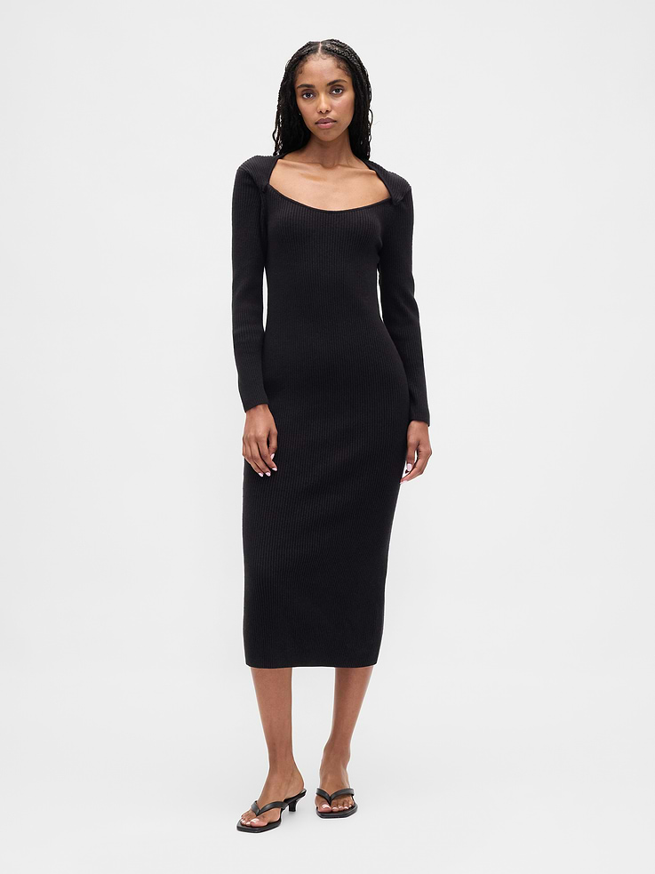 Image 1 of 5, Our bestselling fabric that feels cashmere-soft. Crafted in a midweight plush yarn. Refined with a special brushed technique. It's everyday luxury., Supersoft knit midi sweater dress., Envelope neckline., Long sleeves., This product was made in a factory that invests in gender equity and women’s empowerment through RISE. Learn more at gapinc.com/equity., Product #843284
